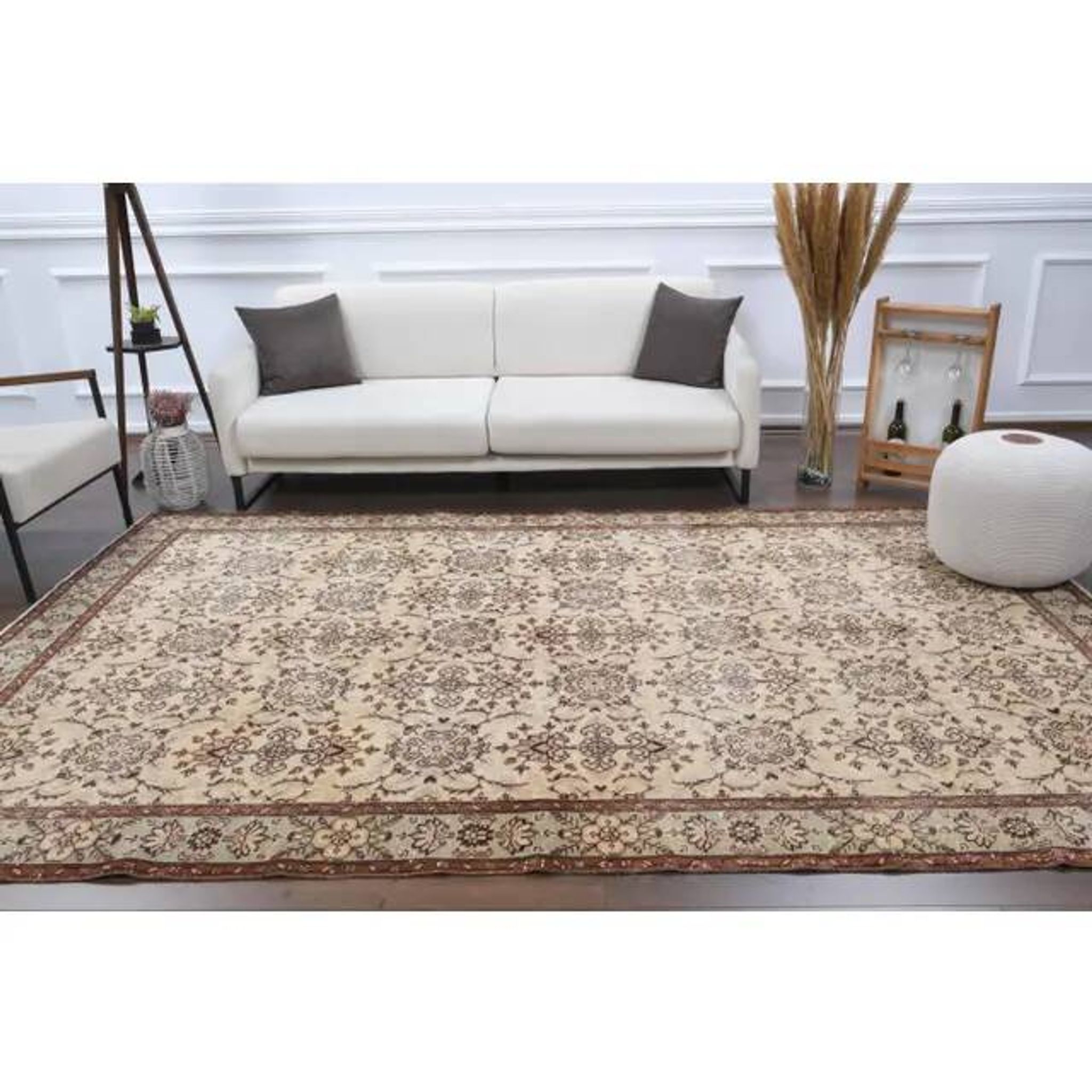 Vintage Turkish Hand-Knotted Wool Cotton Beige Area Rug 202x322