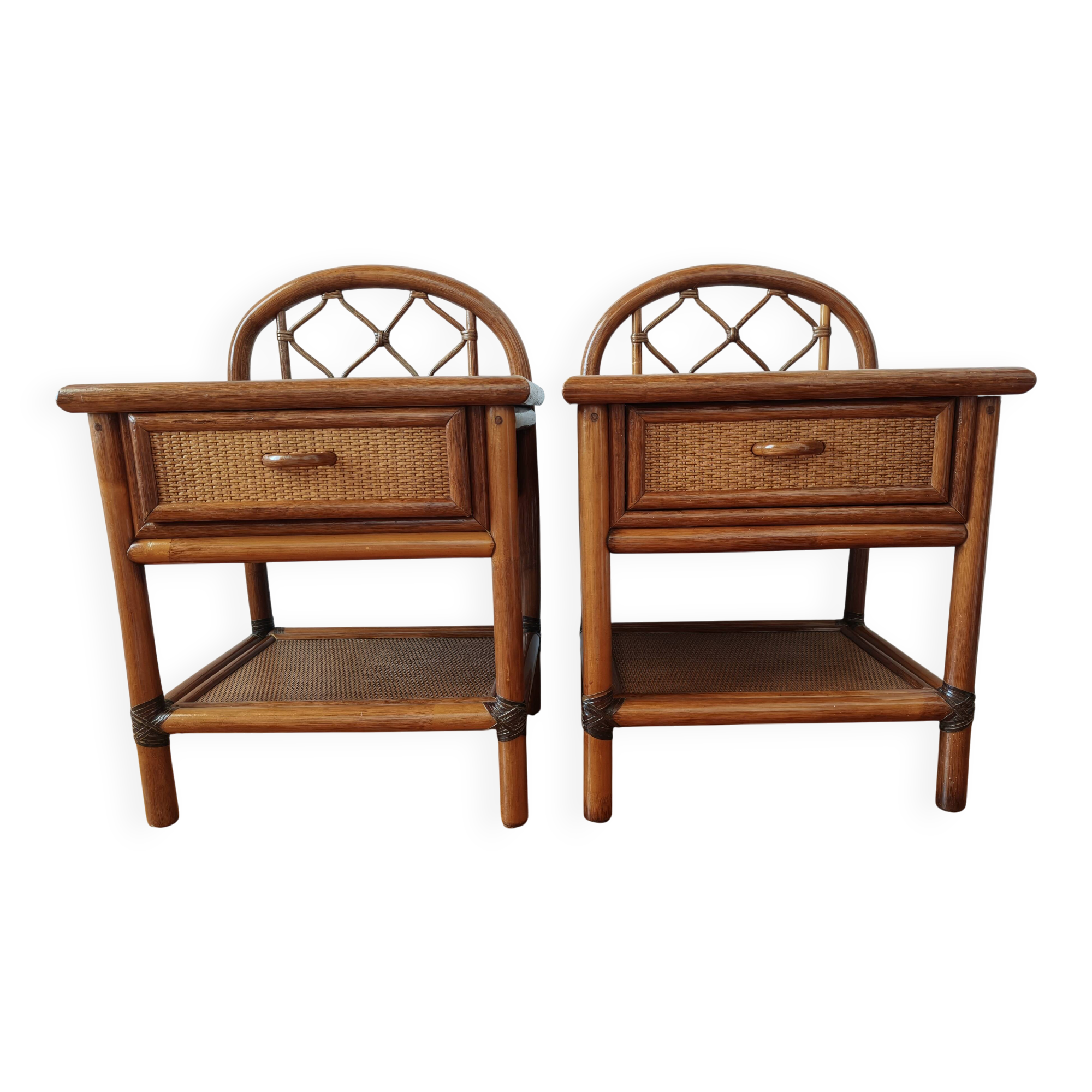 Pair of vintage rattan and cane bedside tables, 1970s