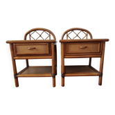 Pair of vintage rattan and cane bedside tables, 1970s