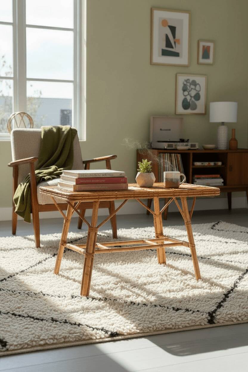 Vintage Audoux Minnet rattan and bamboo coffee table