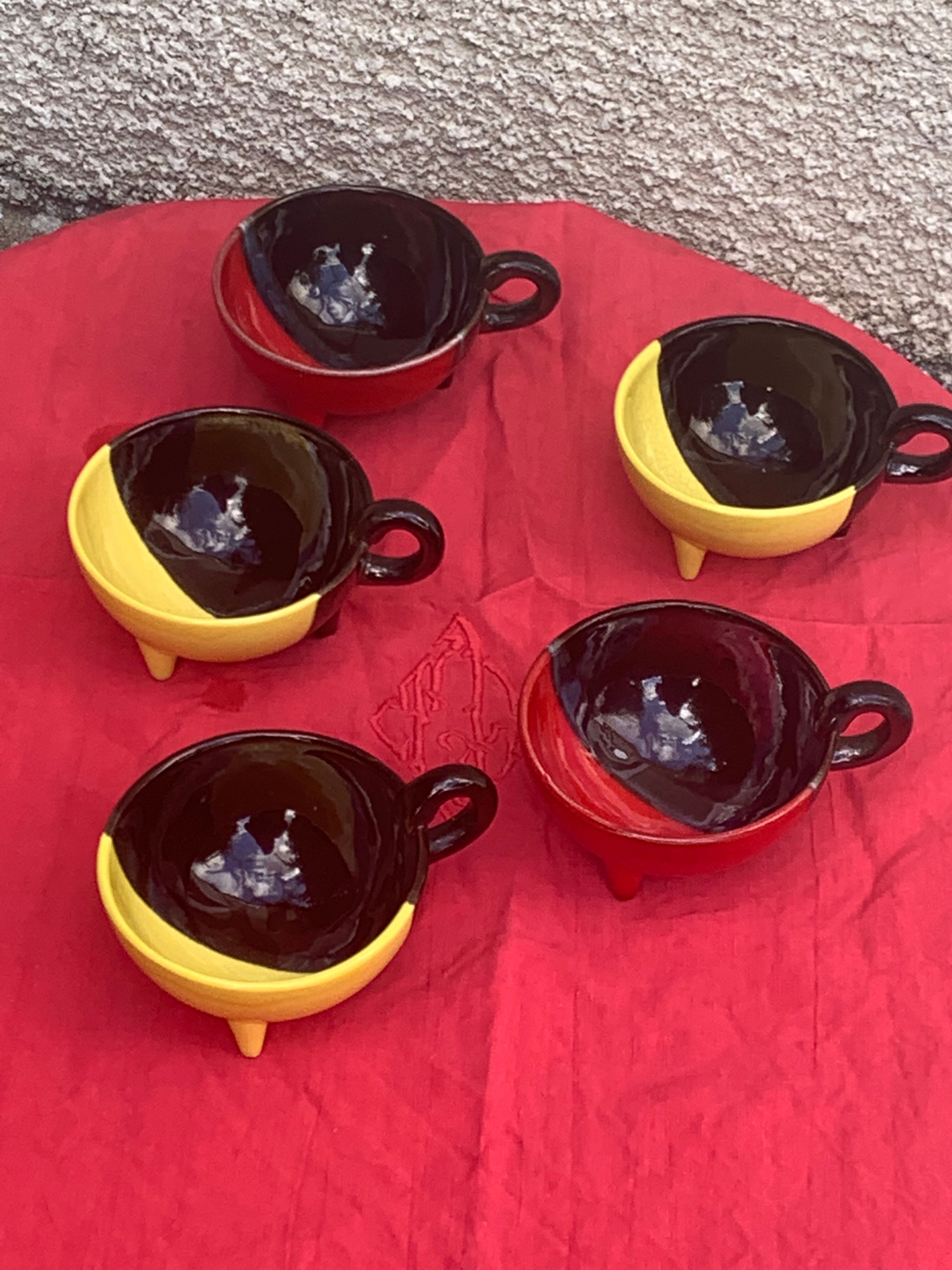 5 cups and 5 saucers signed Luc vallauris vintage