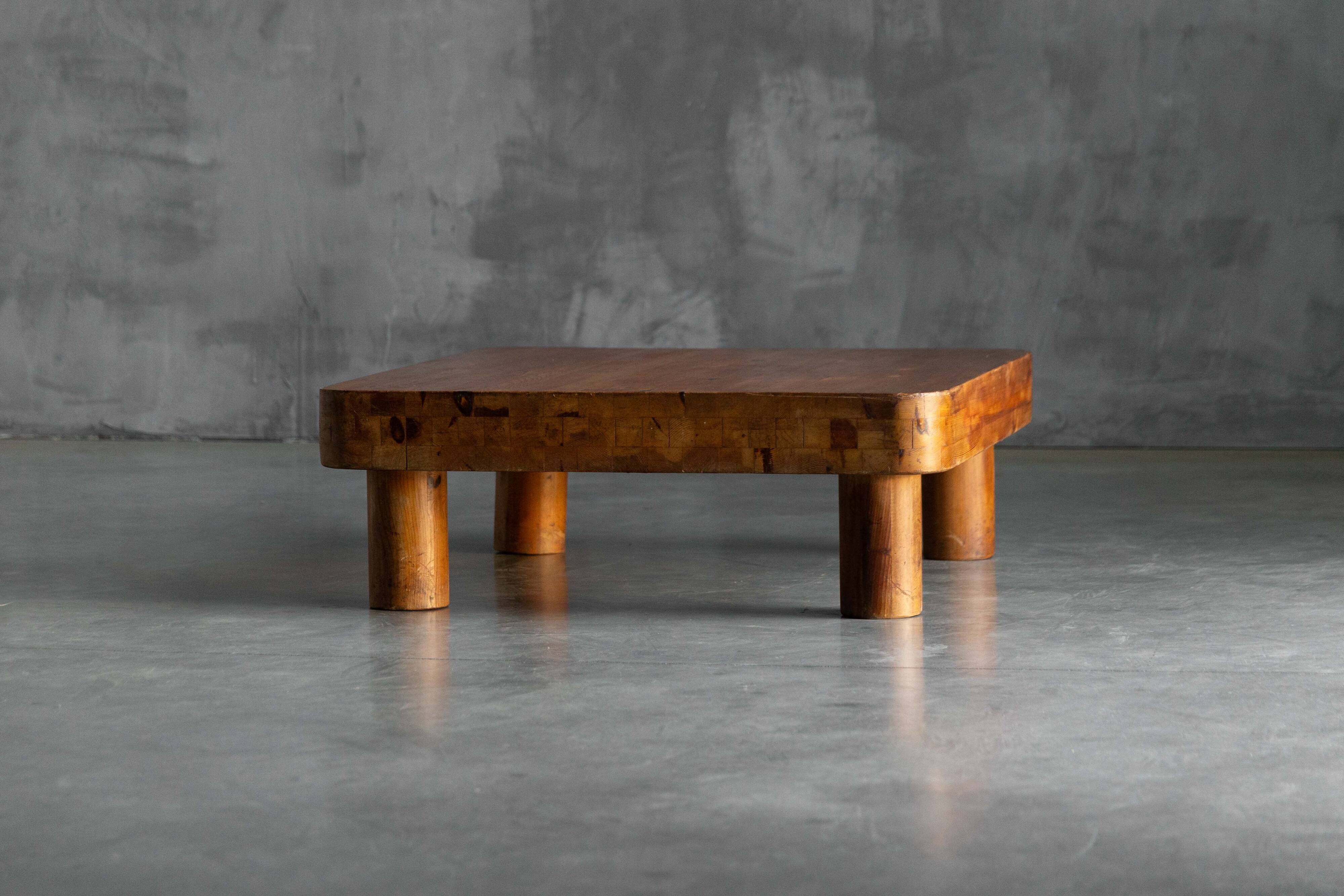 Brutalist pine low coffee table, France, 1960s