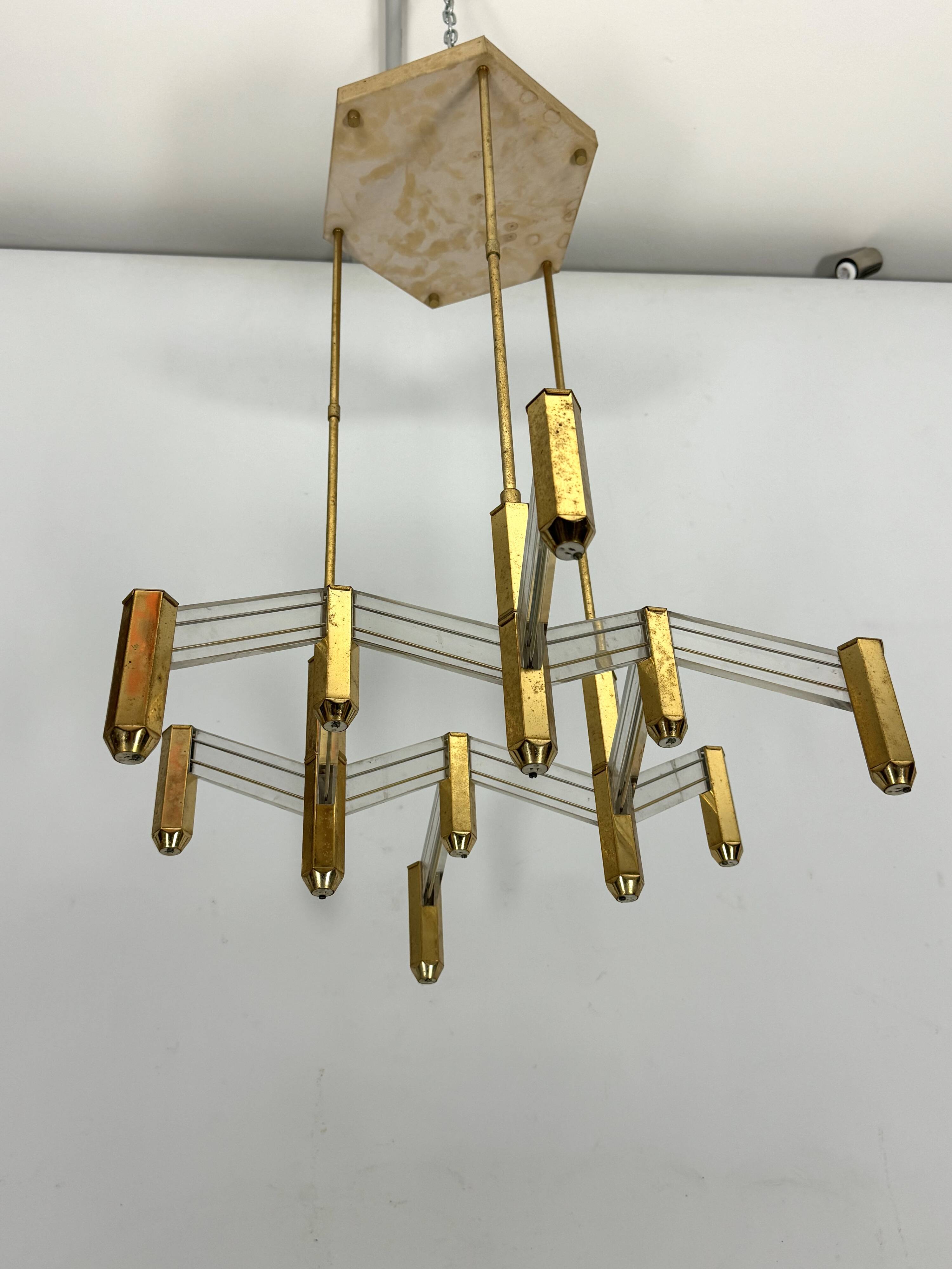 Vintage Italian brass and perspex chandelier by Zeroquattro from 70s