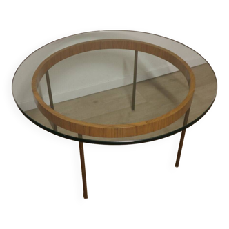 Table basse circulaire moderniste en verre, bois et métal, 1960