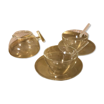 Set of 2 cups and a teapot made of blown glass by Mathias Paris.