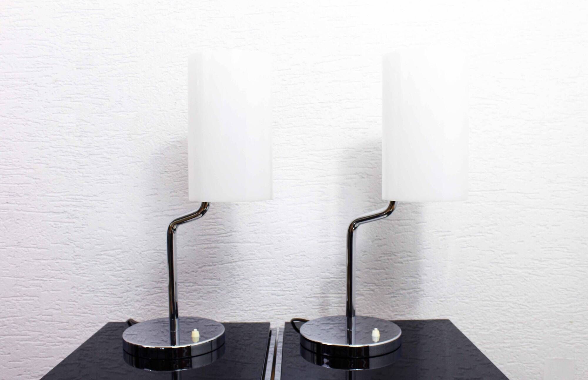 Pair of Italian chrome metal and white acrylic lamps