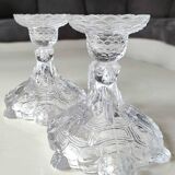 Pair of hand candlesticks/glassware from Portieux/Vallerysthal. In molded glass. Zoomorphic form of turtle carrying a griffin on its back.