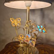 chrome or brass glass lamp, flower and butterfly 1975 to 80s pleated shade