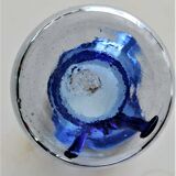 Biot vase in bluish transparent glass and blue scarf