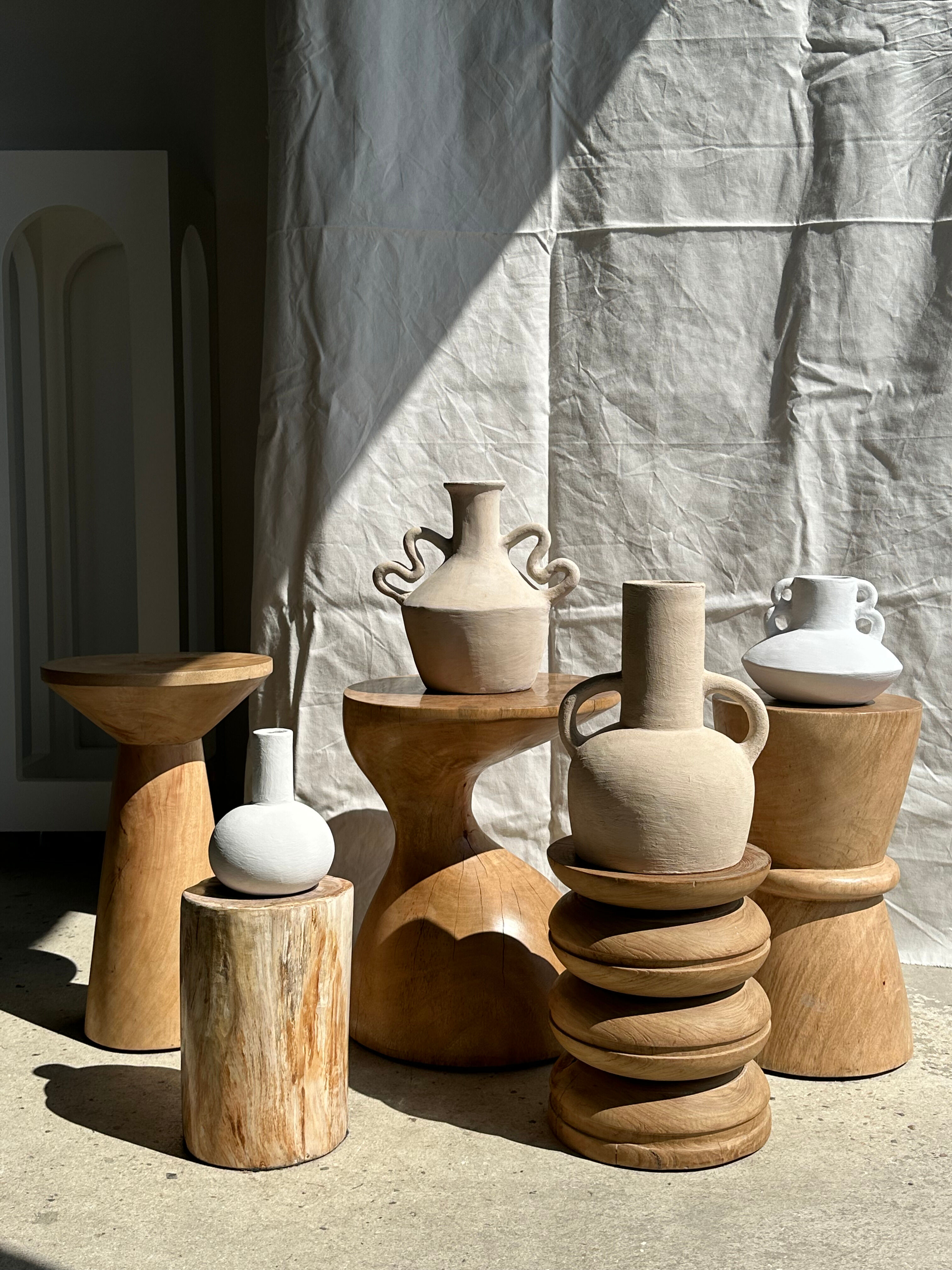 Handmade terracotta vase painted white with double handles H:16 D:20