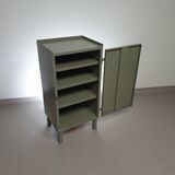 Gray metal locker. Industrial small sideboard.
