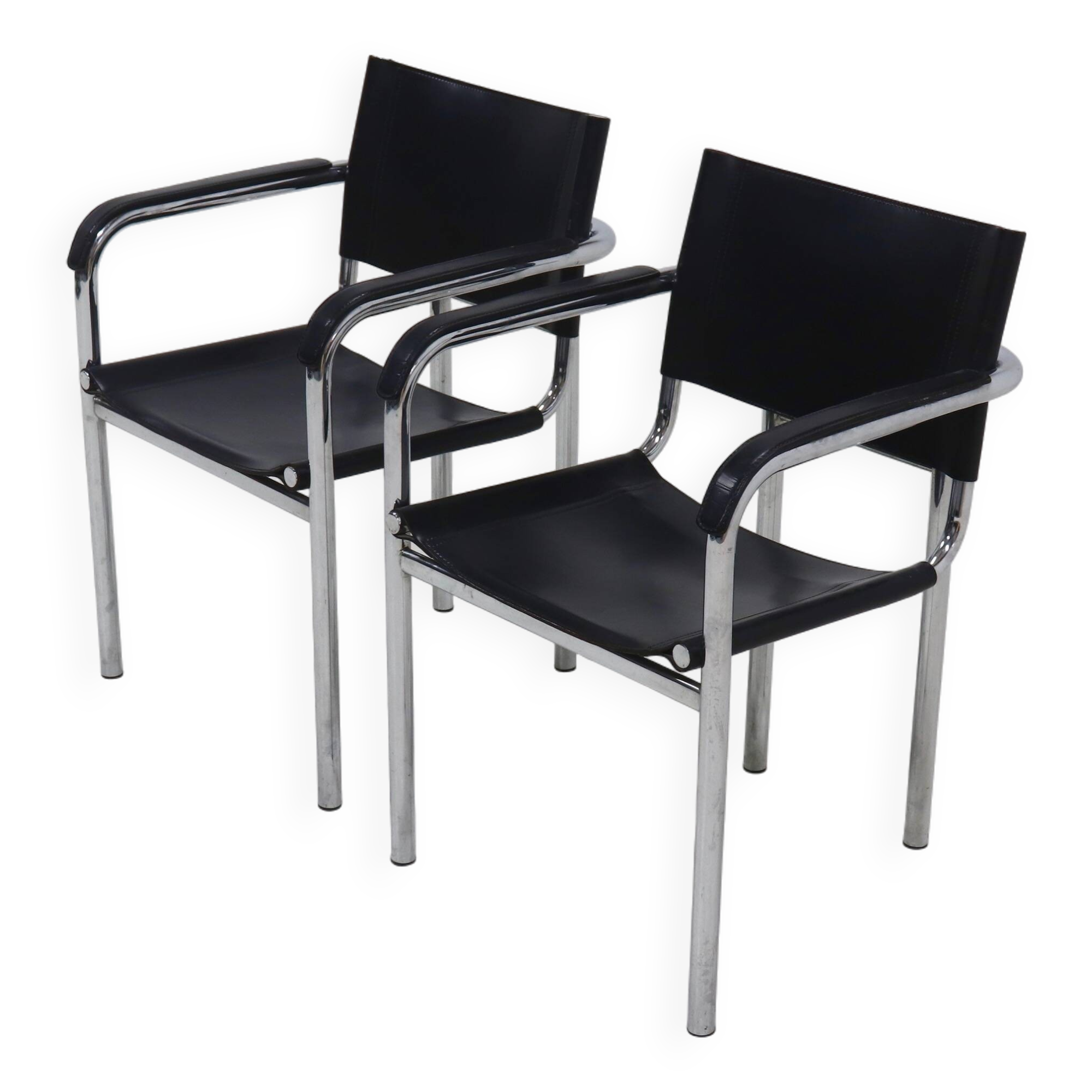 Set of 2 Italian Modern Saddle Leather and Chromed Steel Chairs 1980s