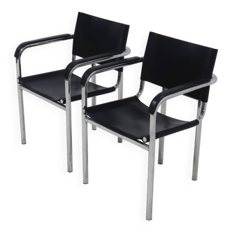 Lot de 2 chaises italiennes modernes en cuir et acier chromé des années 1980