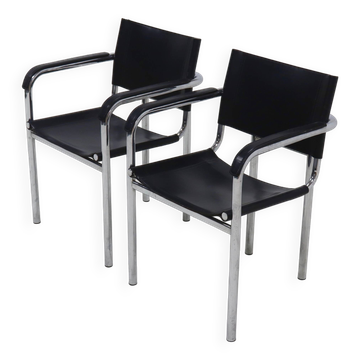 Set of 2 Italian Modern Saddle Leather and Chromed Steel Chairs 1980s