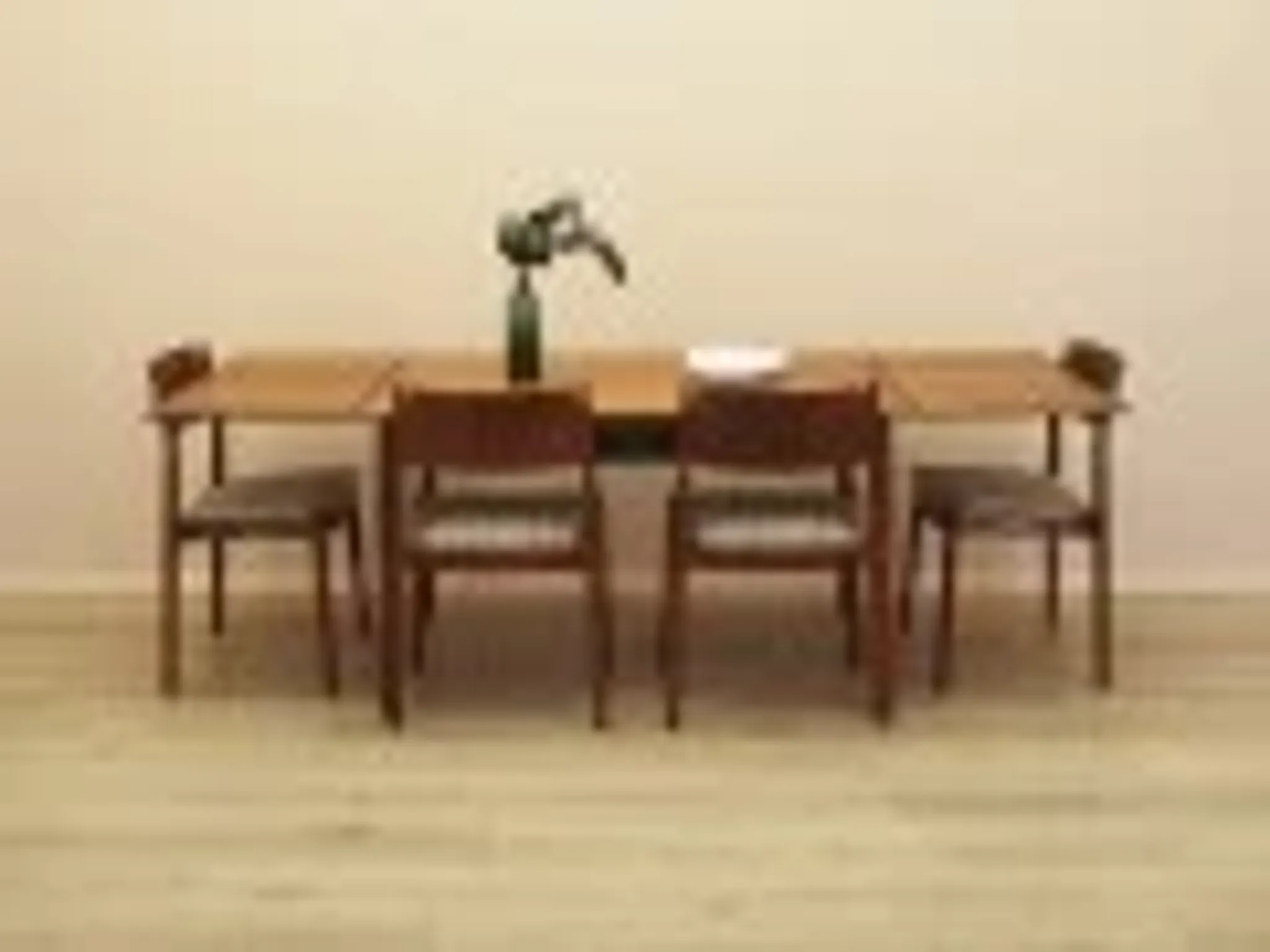 Danish extendable dining table, teak veneer, solid wood legs, leaf storage, 1970s
