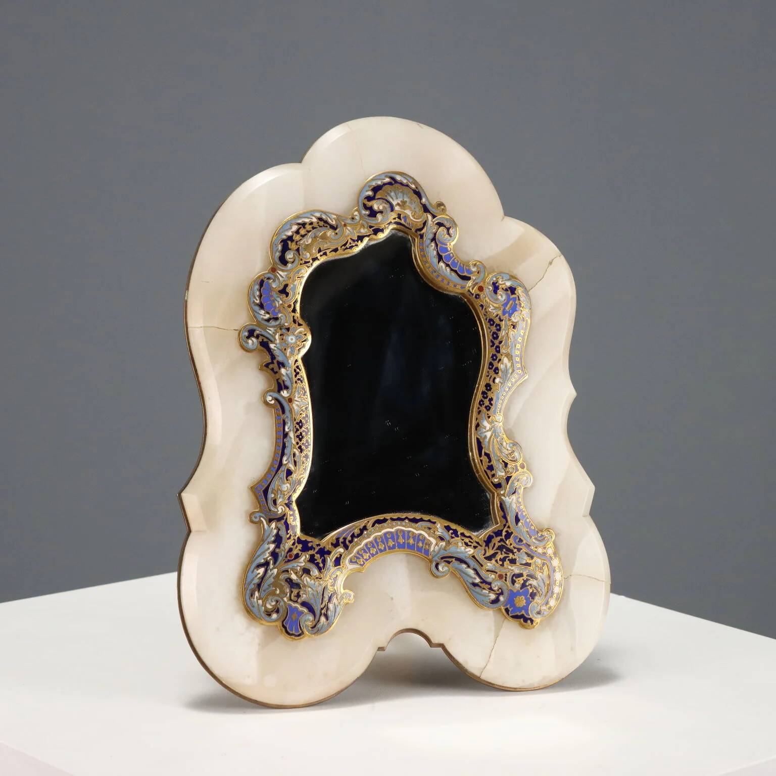 Petit miroir de table ancien champlévé et bronze doré XIX-XX siècle