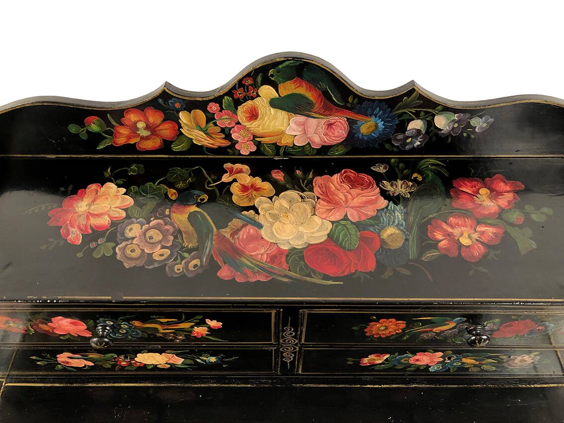 Bonheur du jour in black lacquered wood with rich painted decorations of flowers and birds, Napoleon III