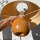 Wooden ball lamp with beige lampshade, 1980