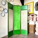 3-leaf screen in green wood, ecru paper and mirror