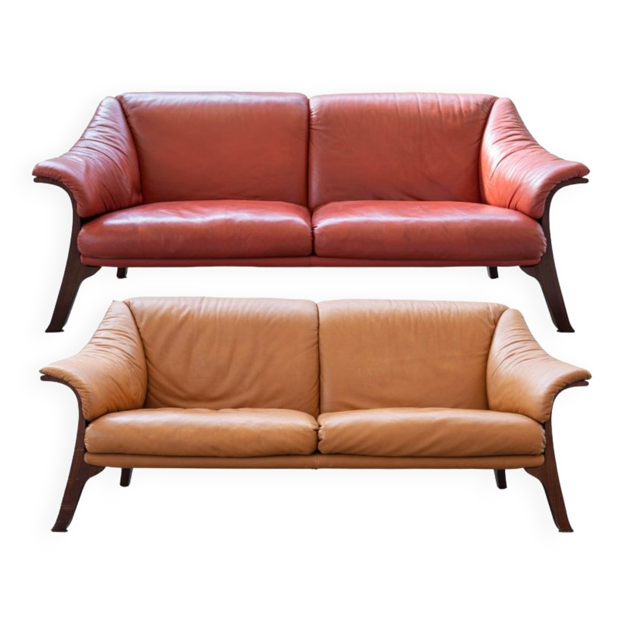 Frau sofas in cognac and burgundy leather, 1980s/90s, set of 2