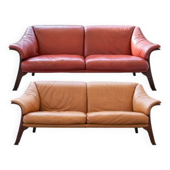 Frau sofas in cognac and burgundy leather, 1980s/90s, set of 2