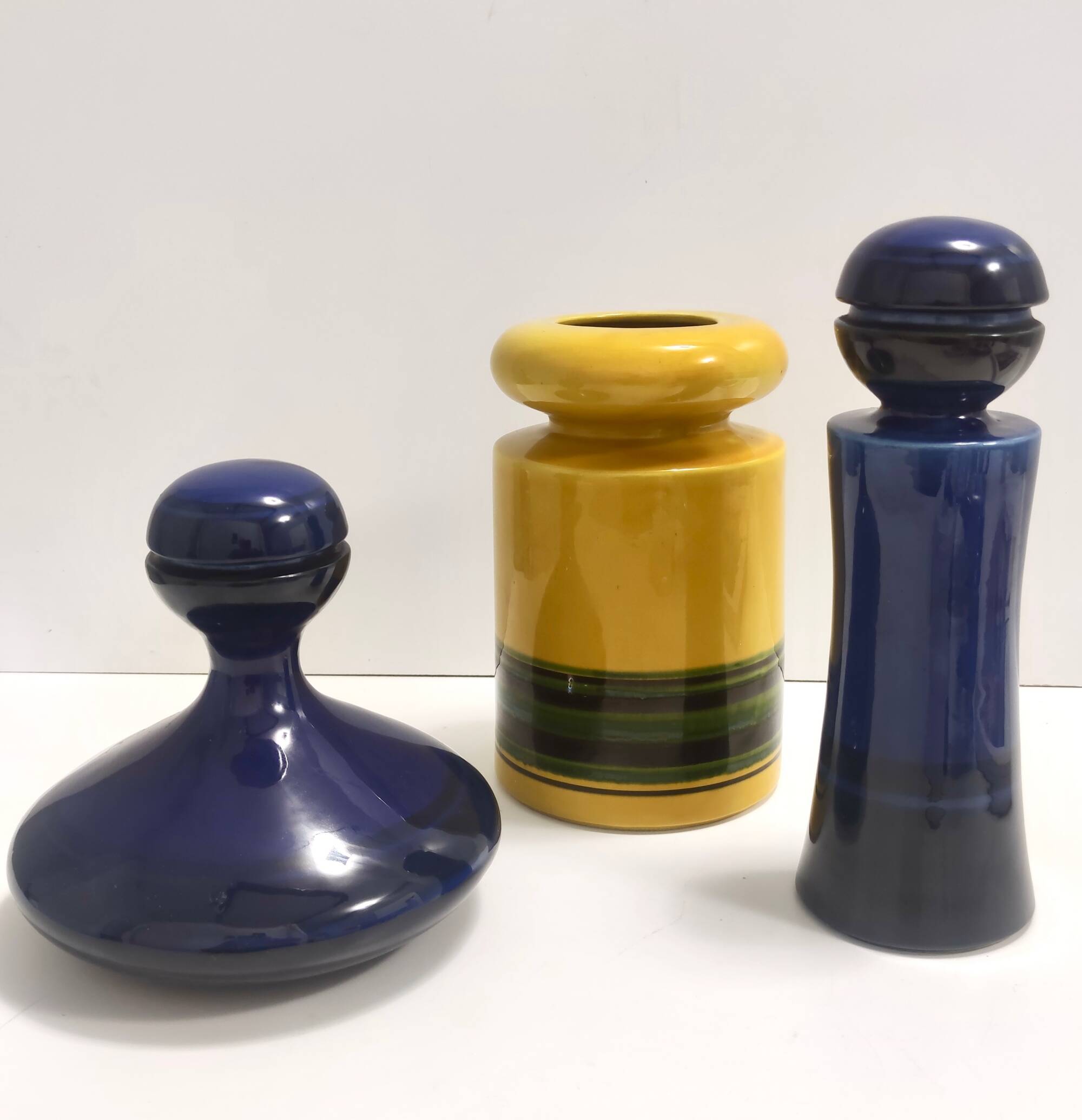 Set of Three Postmodern Blue and Yellow Glazed Vase and Bottles by Parravicini