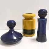 Set of Three Postmodern Blue and Yellow Glazed Vase and Bottles by Parravicini