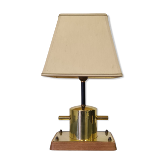 Lampe de table à borne maritime vintage en laiton et bois, Pays-Bas années 1970