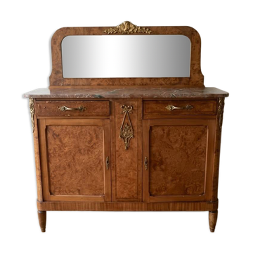Antique sideboard in burl wood with marble and mirror.