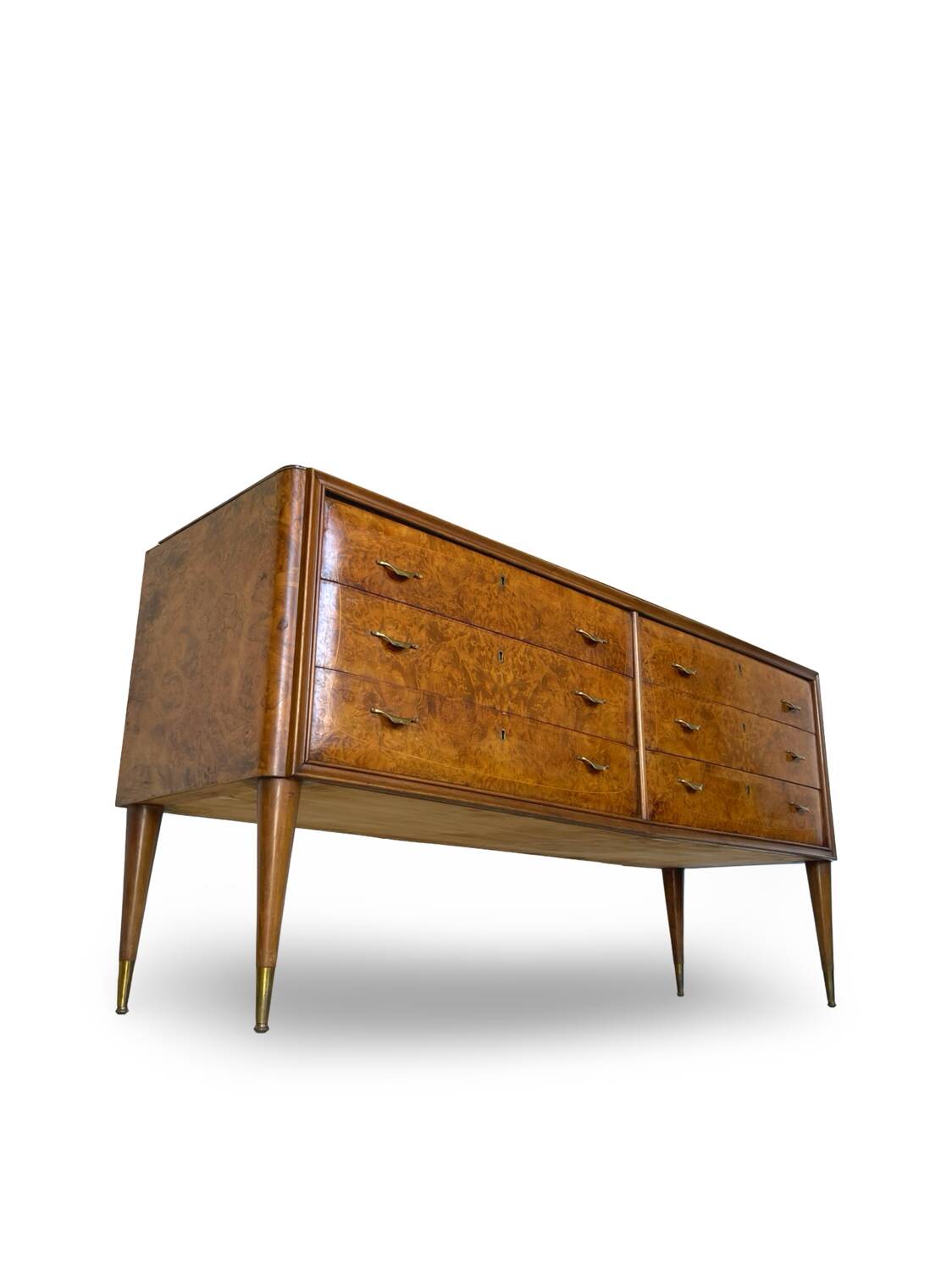 Veneered burl walnut chest of drawers with light warm brown glass top