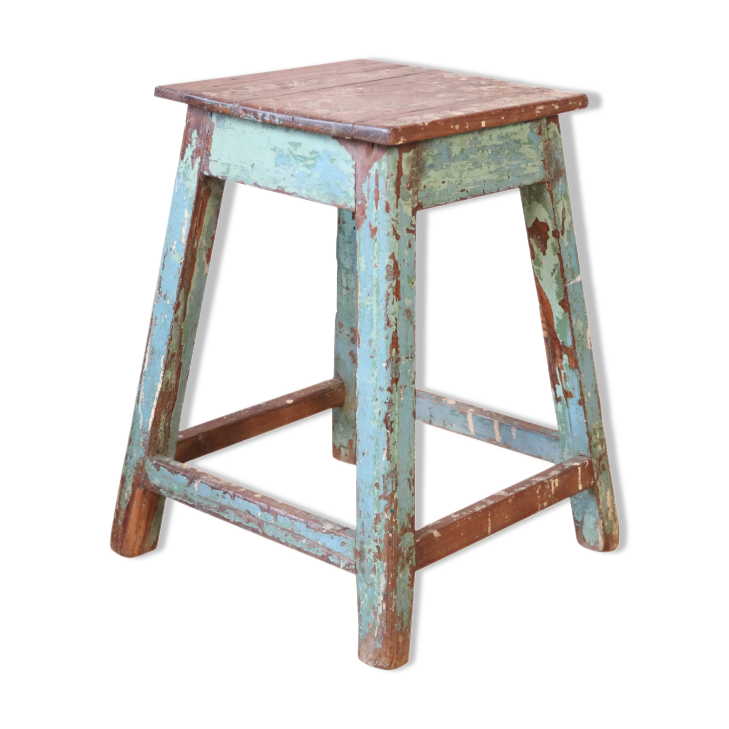 Old workshop stool in original blue patina Burmese teak