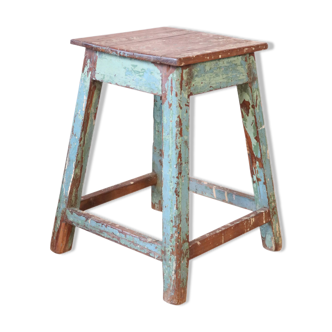 Tabouret d'atelier en teck birman patine bleue d'origine