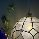 Vintage pendant lampshade in white and blue mother-of-pearl and brass