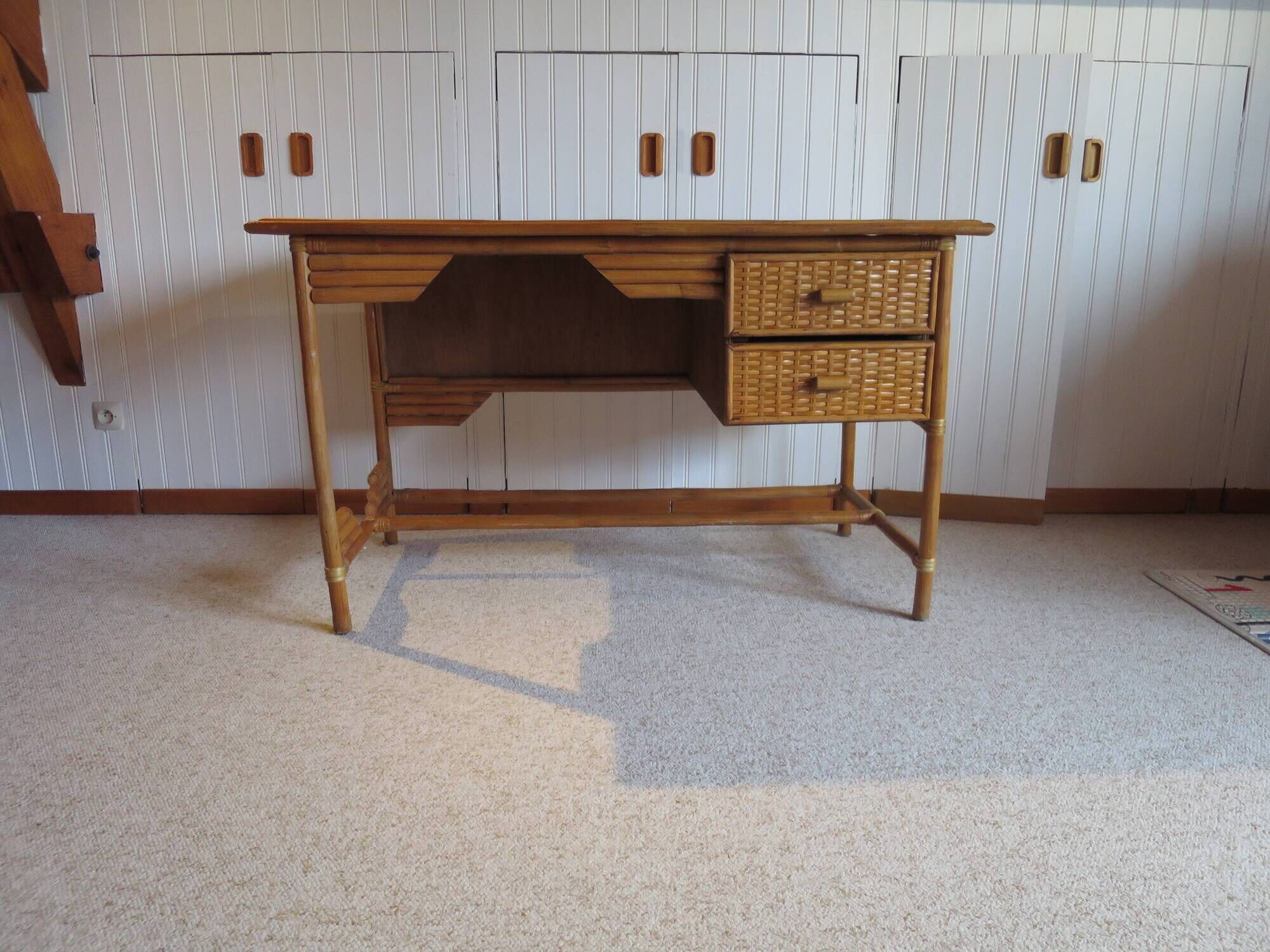 desk - wood-bamboo and woven wicker rattan - 2 drawers - large top - 80