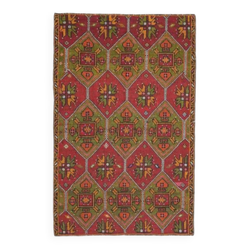 Tapis d'aire vintage turc Oushak fait main en laine et coton rouge 164x260 des années 1970