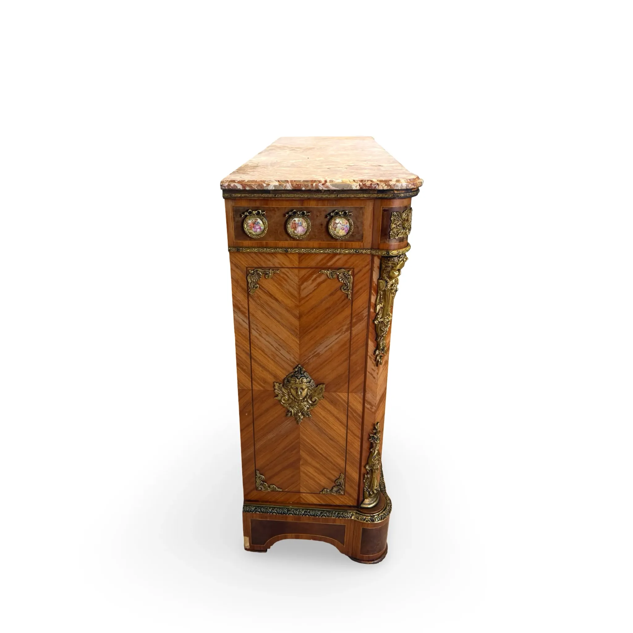 An antique French Louis XVI-style marble-top side cabinet