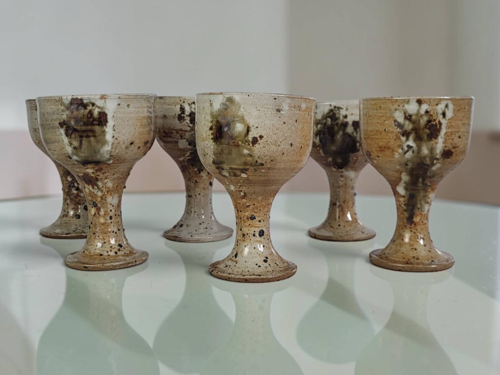 6 footed stoneware cups, Pottery of Vézelay - Albert Breton