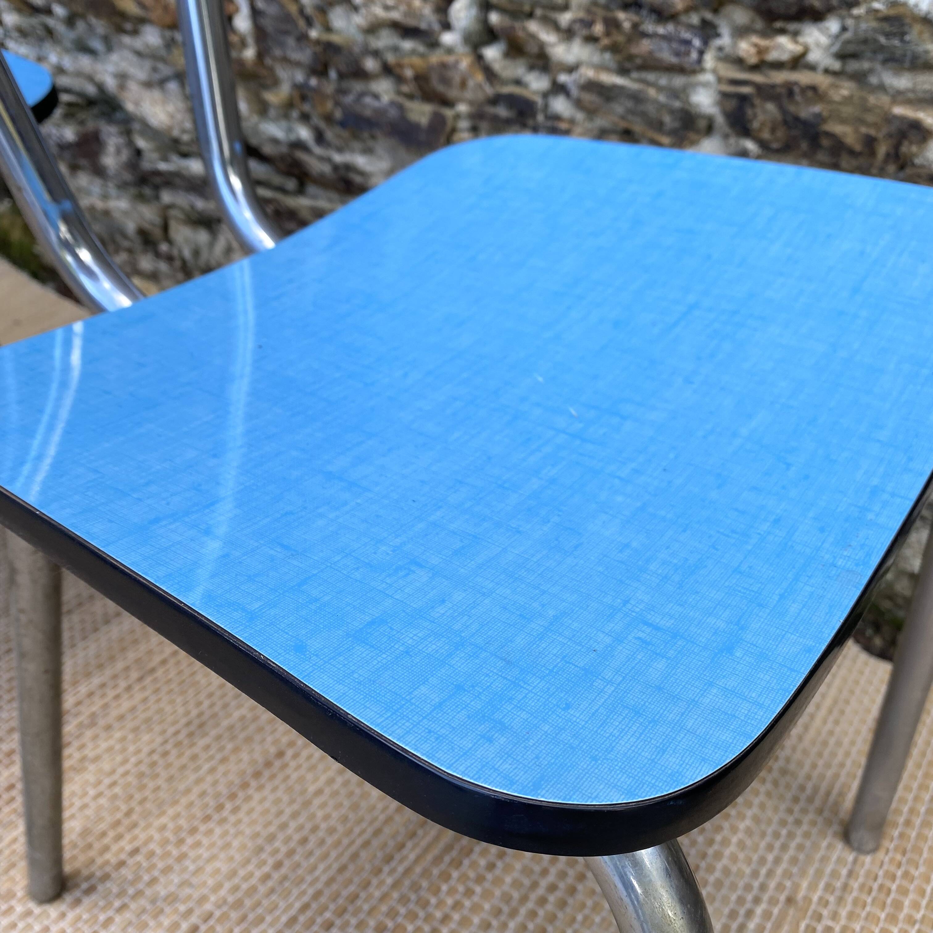 Extendable blue formica table and 2 chairs, 1960s