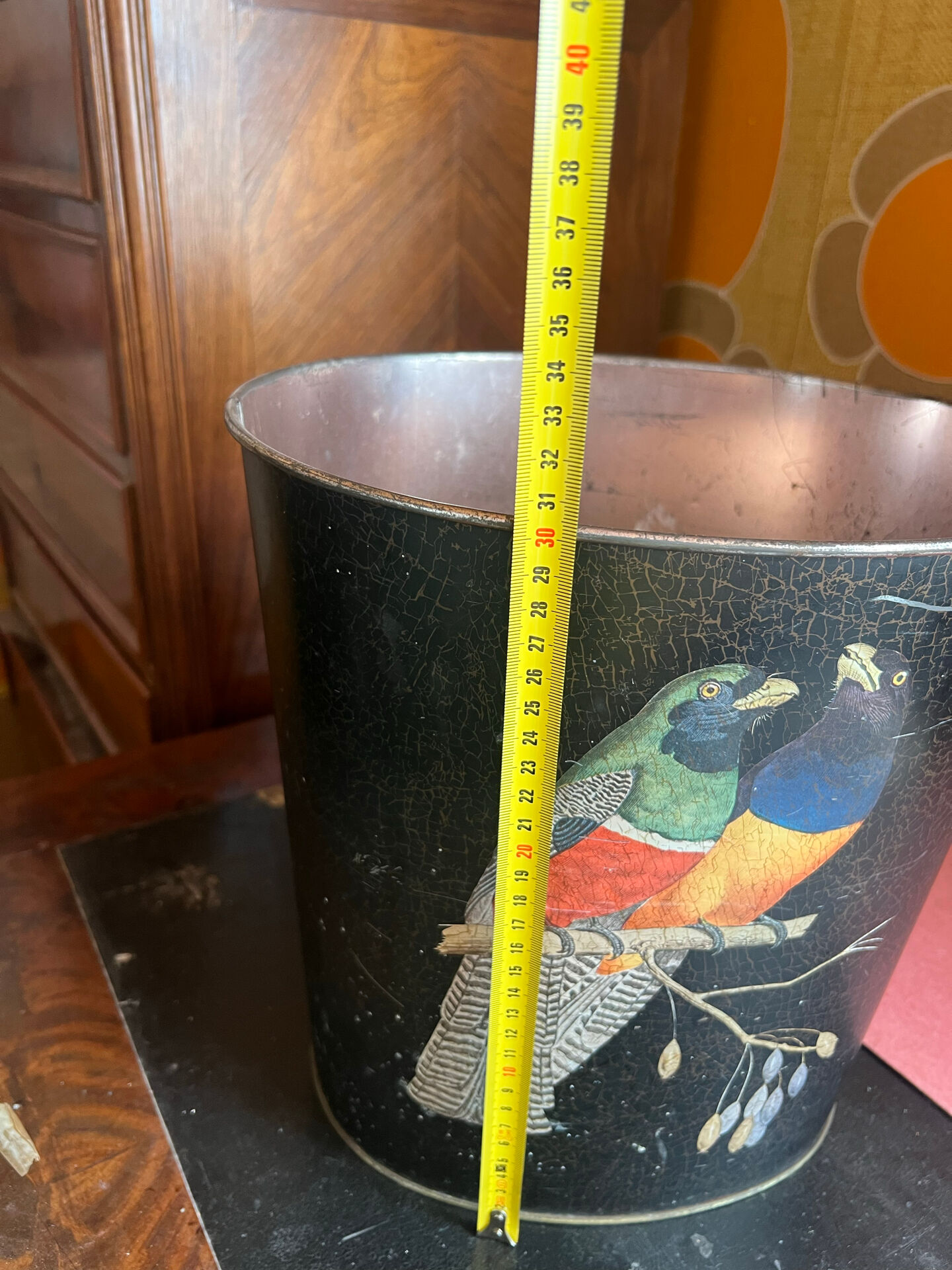 Vintage metal zinc paper bin parrot decor