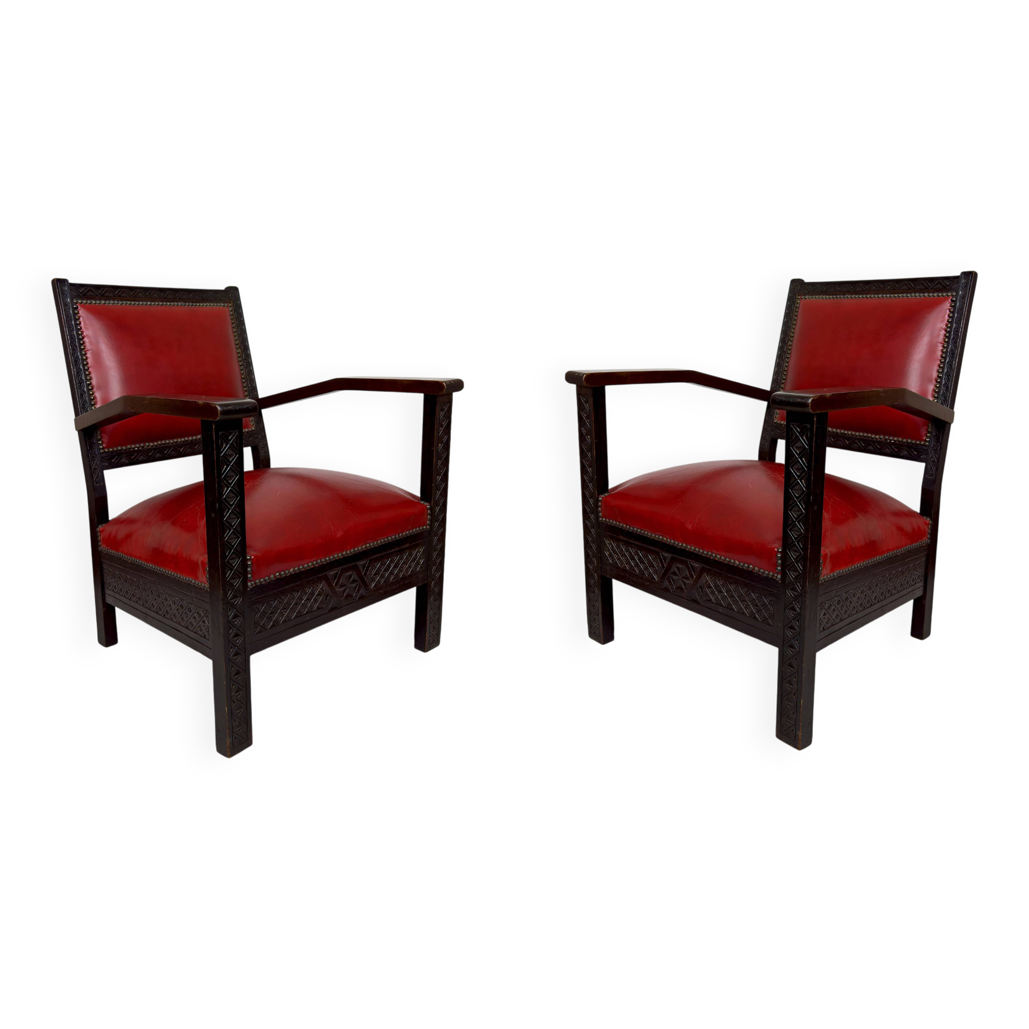 Paire de Fauteuils Art Deco Colonial en Bois Sculpté, Algérie, 1930