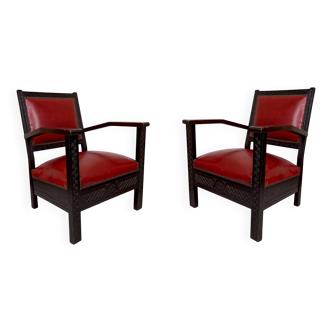 Paire de Fauteuils Art Deco Colonial en Bois Sculpté, Algérie, 1930