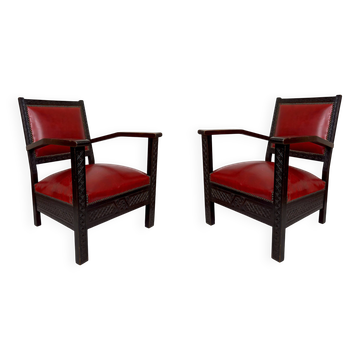 Paire de Fauteuils Art Deco Colonial en Bois Sculpté, Algérie, 1930