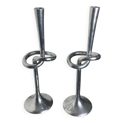 Paire de bougeoirs noeud en aluminium, Italie, 1970
