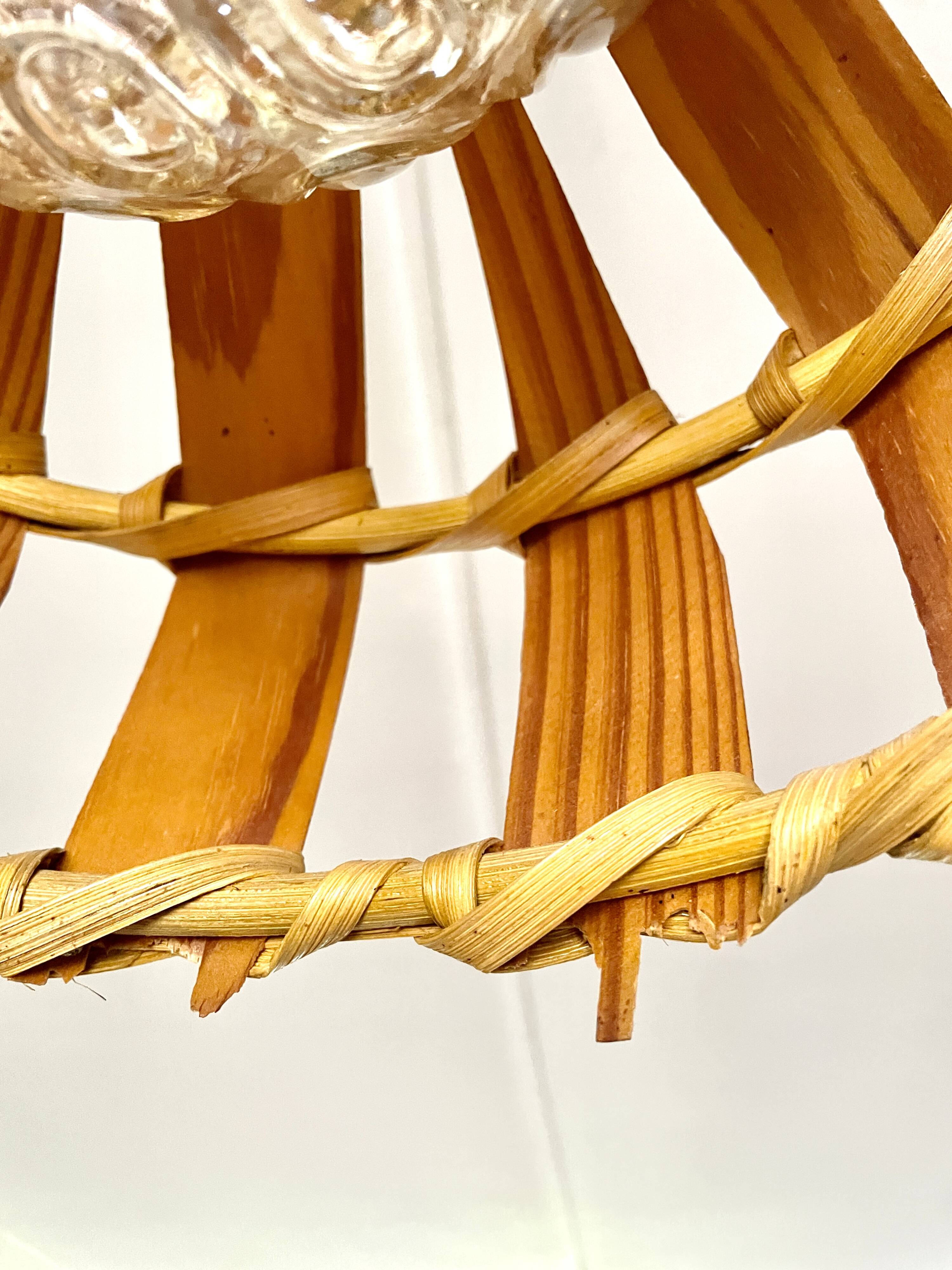 Scandinavian pendant light with wood veneer and bubble glass, 1970