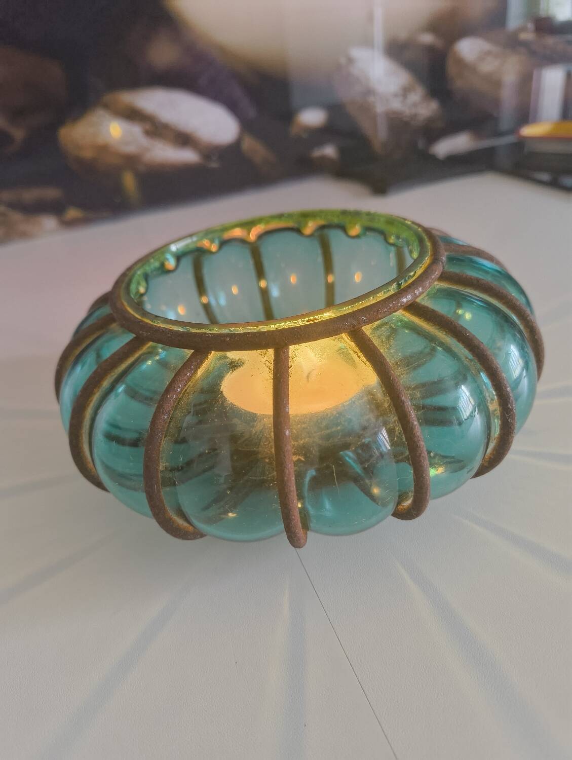 Vintage green blown glass lantern – bohemian spirit – Pier Import