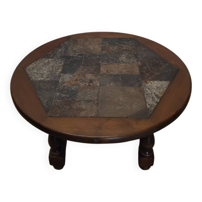 Table basse ronde En chêne et  Pierres Vintage