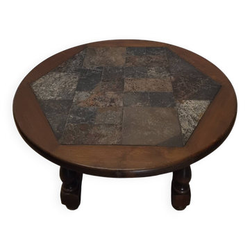 Round coffee table in oak and vintage stones