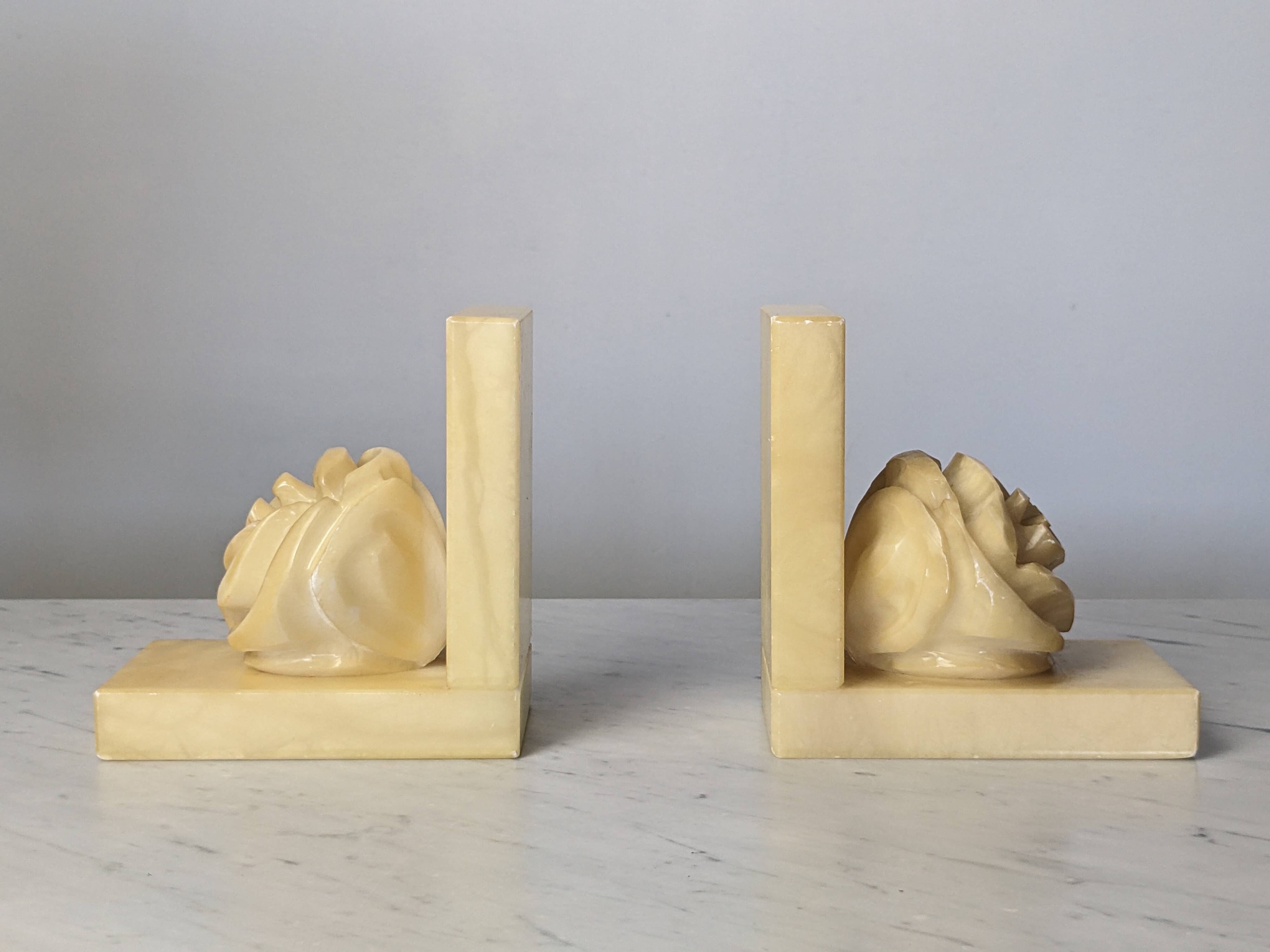 Pair of Neo-Classical Camellia Alabaster Bookends - 1940s