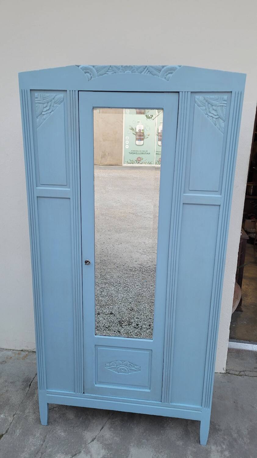 Parisian Art Deco armoire with beveled mirror and painted decoration