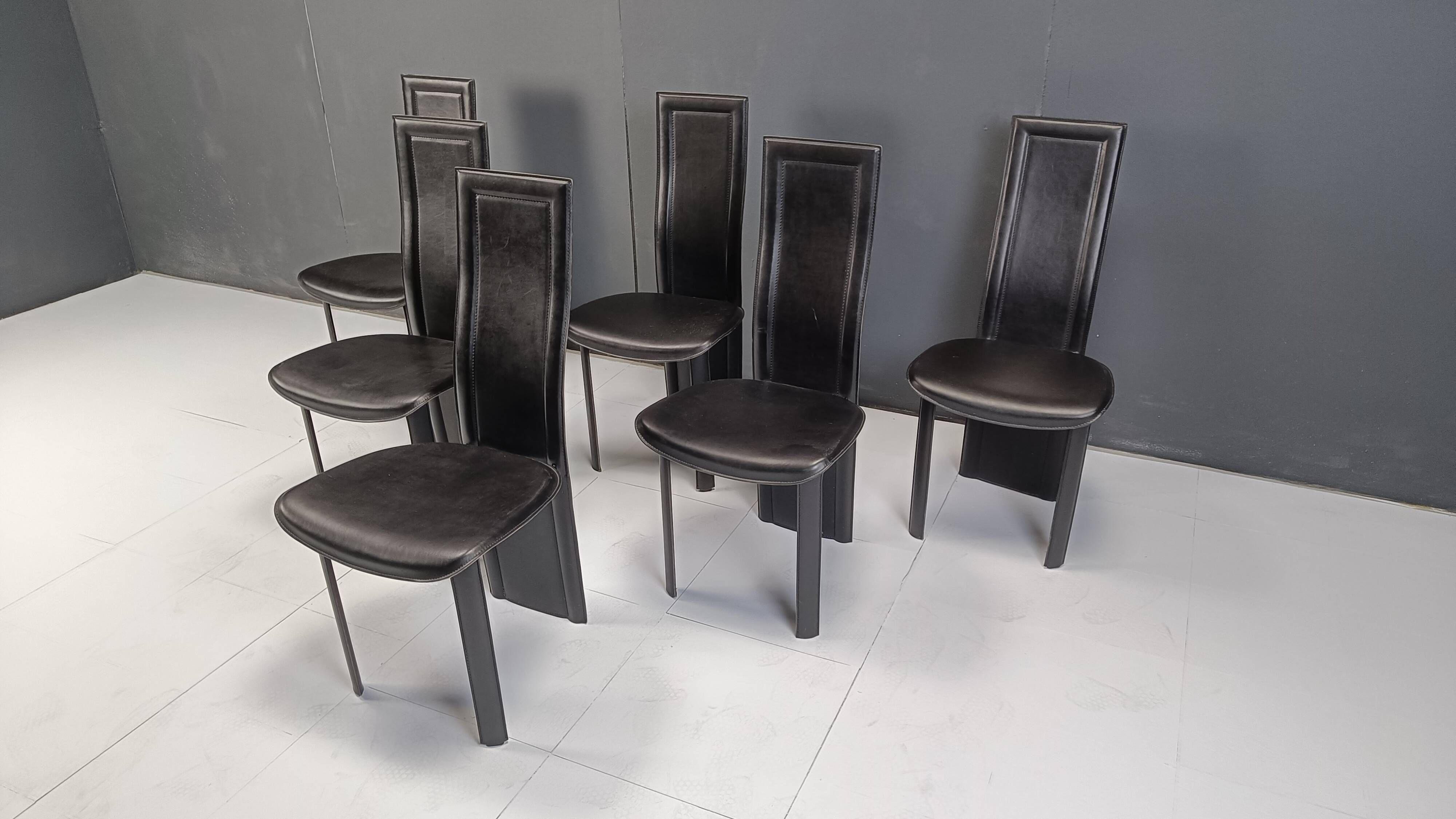 Vintage black leather high back dining chairs, set of 6, 1980s